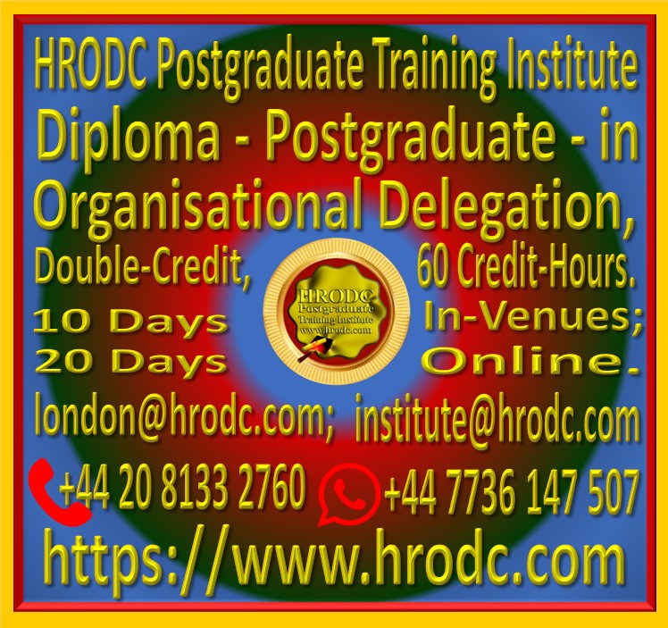 Graphics relating to our Institute’s name, Award Name, Duration In-Venues and Online (with contact details) of a Diploma - Postgraduate – Course, offered by HRODC Postgraduate Training Institute, https://www.hrodc.com.
