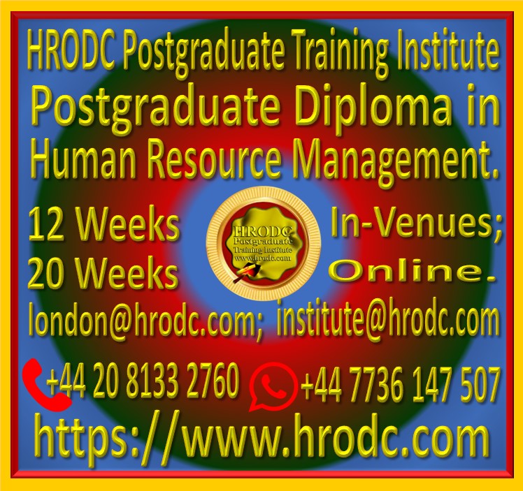 Graphics relating to our Institute’s name, Award Name, Duration In-Venues and Online (with contact details) of a Postgraduate Diploma Programme, from HRODC Postgraduate Training Institute, https://www.hrodc.com.