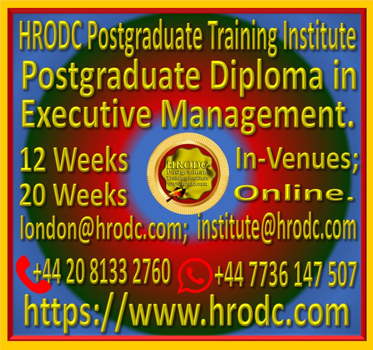 Graphics relating to our Institute’s name, Award Name, Duration In-Venues and Online (with contact details) of a Postgraduate Diploma Programme, from HRODC Postgraduate Training Institute, https://www.hrodc.com.
